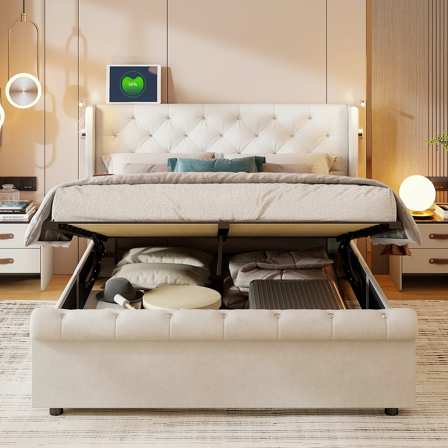 Doppelbett 140 x 190 cm mit LED-Beleuchtung und USB-Ladeanschluss, gepolsterte Doppelbettbetten mit Stauraum und Lattenrost, Samt, Beige