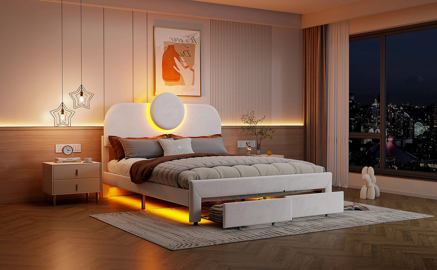 Rosahqnda Doppelbettgestell 140 x 200 cm mit LED und 2 Schubladen, gepolstertes Einzelbett, Stauraumbett, Teenagerbett, Gästebett, Samtbeige