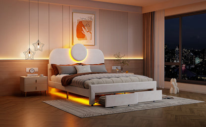 Rosahqnda Doppelbettgestell 140 x 200 cm mit LED und 2 Schubladen, gepolstertes Einzelbett, Stauraumbett, Teenagerbett, Gästebett, Samtbeige