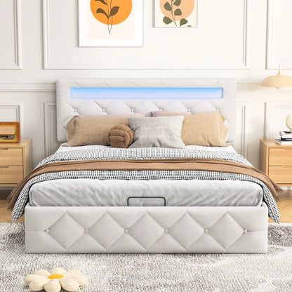 Rosahqnda Modernes weißes Polsterbett,hydraulisches Bett mit großem Stauraum, elegantes Doppelbett,Samtstoff, ohne Matratze