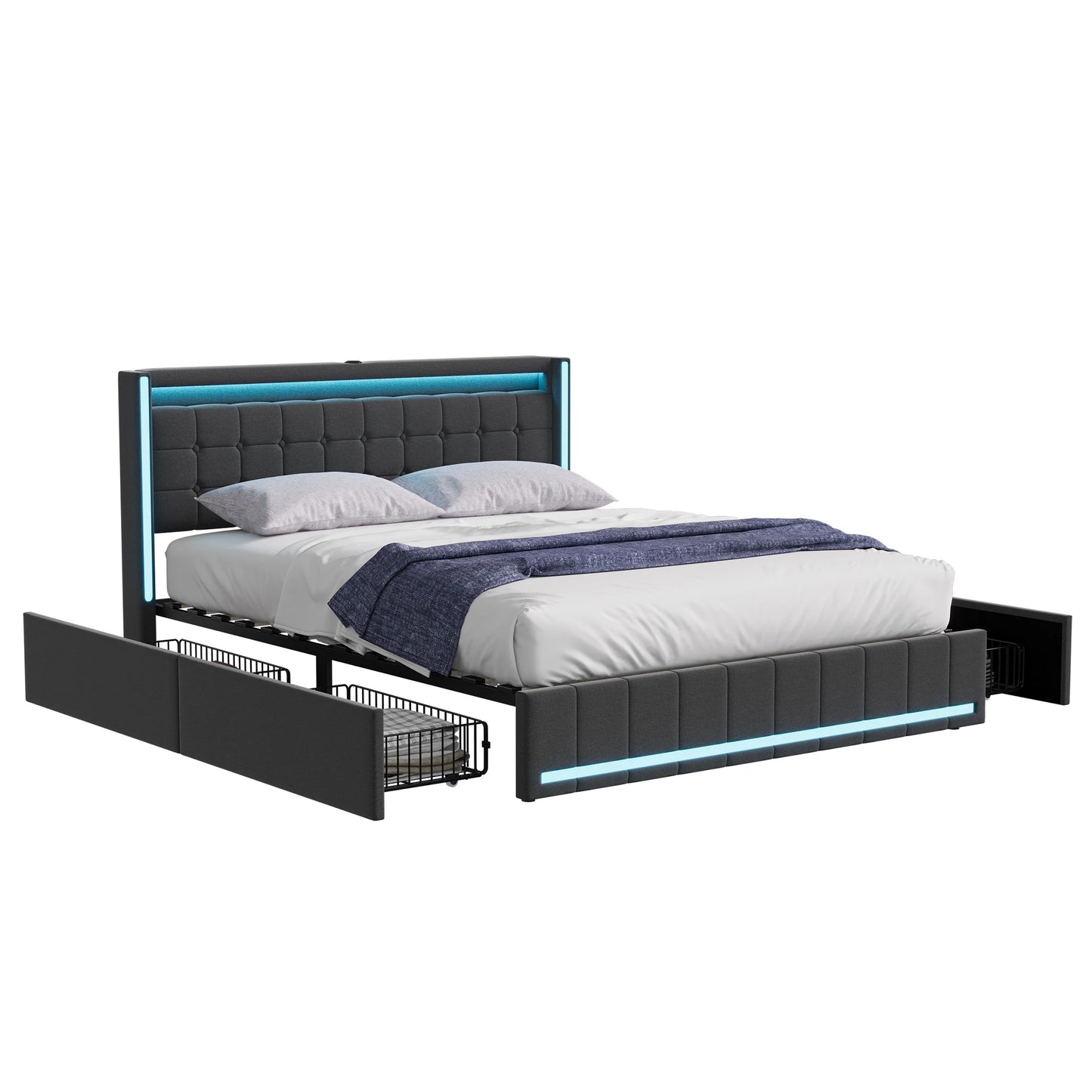 Polsterbett 140x200 cm,LED Doppelbett mit 4 Schubladen und Lattenrost,Kopfteil mit stauraum und USB-Ladefunktion,Bettgestell