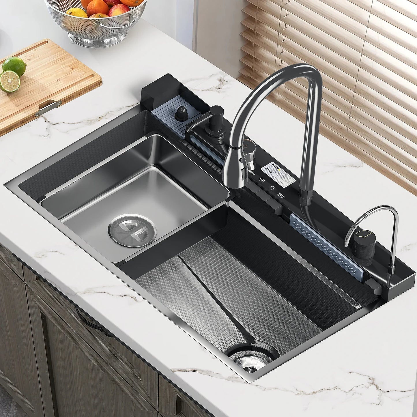 Multifunktionales, intelligentes Wasserfall-Küchenspülbecken aus Edelstahl mit integriertem Digitalanzeige, großes Küchenspülbecken mit einem Schlitz