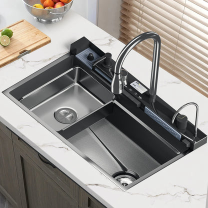 Multifunktionales, intelligentes Wasserfall-Küchenspülbecken aus Edelstahl mit integriertem Digitalanzeige, großes Küchenspülbecken mit einem Schlitz
