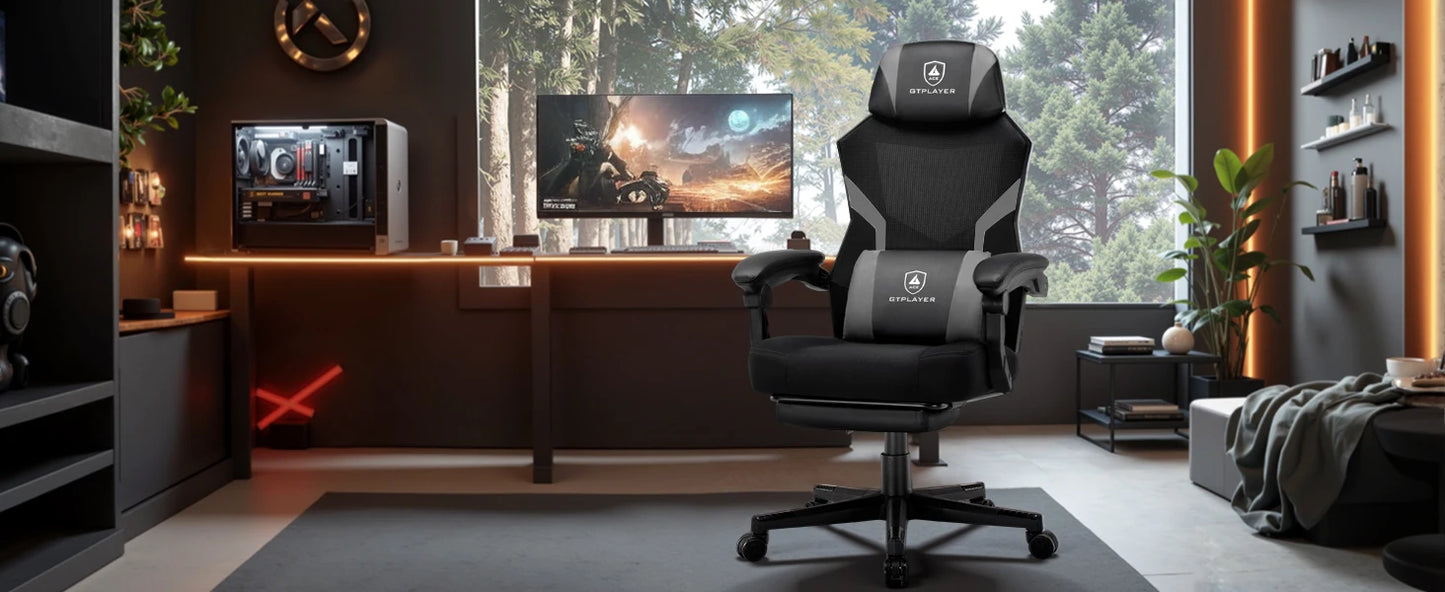 GTPLAYER Gaming Stuhl mit Fußstütze, ergonomischer Bürostuhl mit Netzrückenlehne, Schreibtischstuhl Gaming Sessel aus Stoff