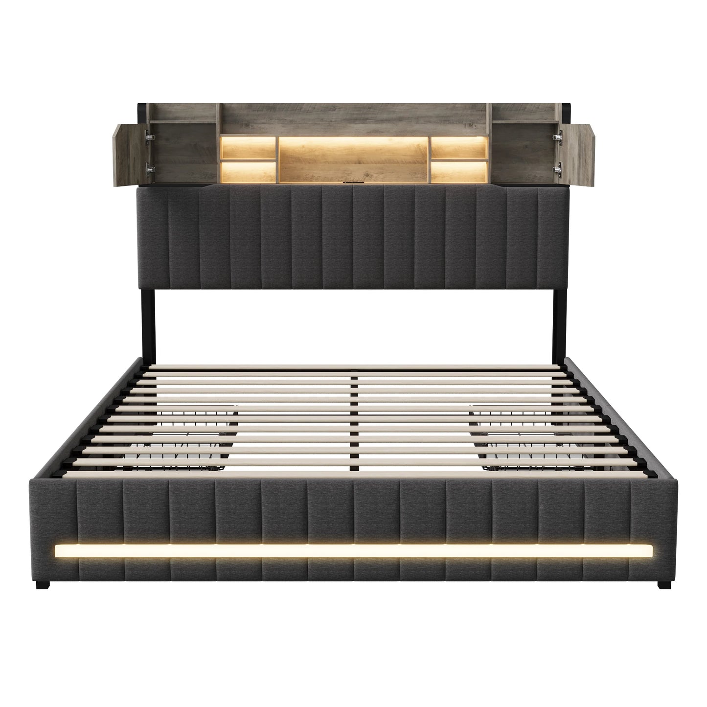 Rosahqnda gepolstertes Doppelbett mit LED-Kopfteil und USB-Anschluss, Stauraumbett mit 4 Schubladen, Leinen, ohne Matratze