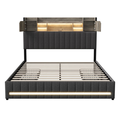 Rosahqnda gepolstertes Doppelbett mit LED-Kopfteil und USB-Anschluss, Stauraumbett mit 4 Schubladen, Leinen, ohne Matratze