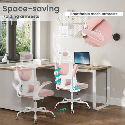 WOLTU Drehbarer Bürostuhl, ergonomischer Netz-Schreibtisch, Computerstuhl, höhenverstellbar, Schaukelfunktion, umkehrbare Armlehnen, Kopfstütze