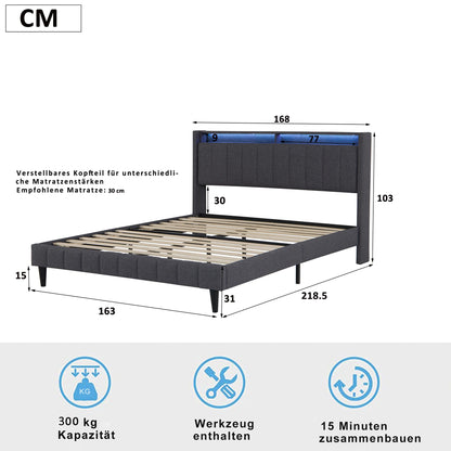 WoodenAura Polsterbett 140×200 cm, Doppelbett mit Stauraum-Kopfteil und Lattenrost, Jugendbett mit LED-Licht und USB-Anschluss