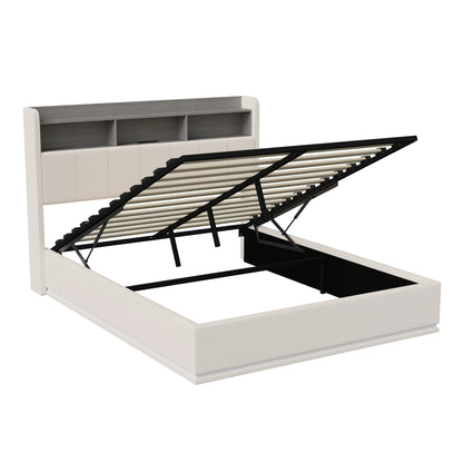 WoodenAura 160x200 CM Polsterbett mit LED-Lichtleiste, Kopfteil mit Stauraum, Doppelbett, flacher Bettrahmen, Metallbettrahmen