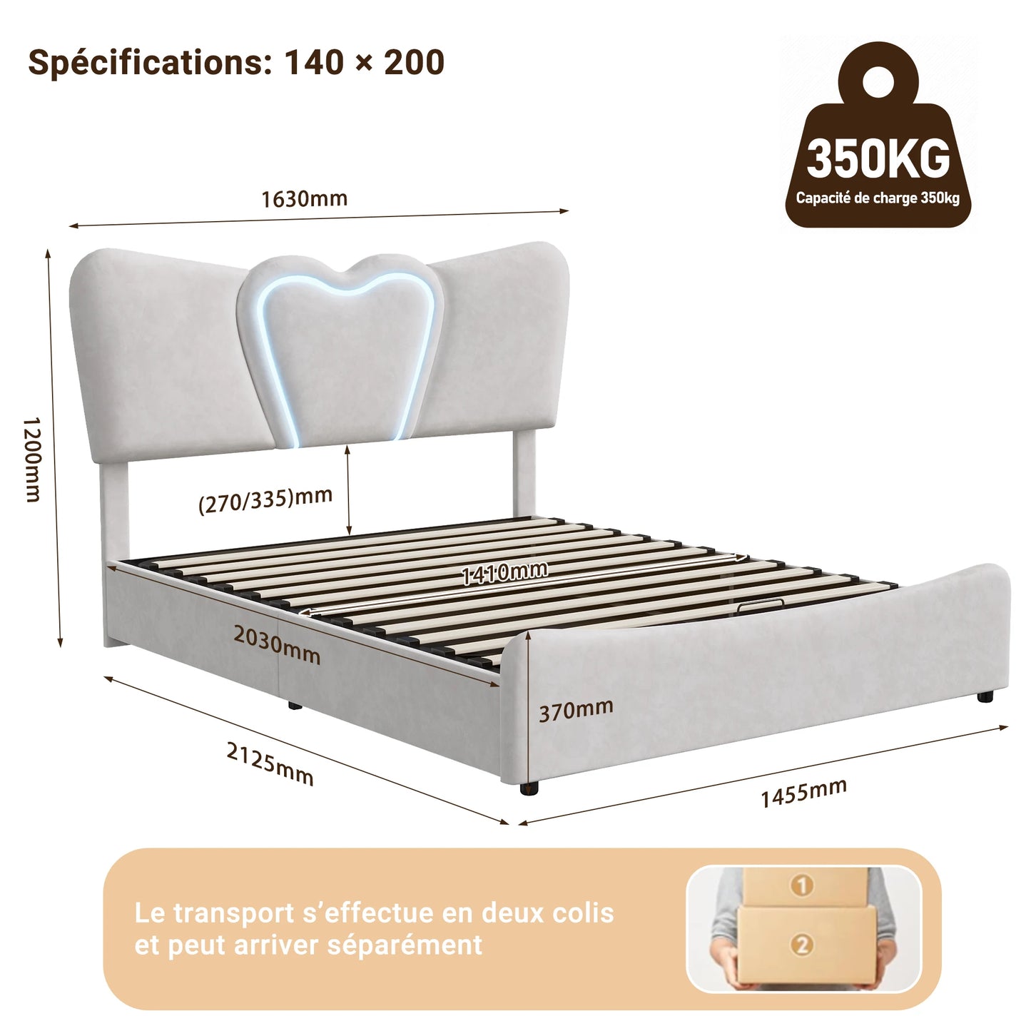 Doppelbett 140x200, LED Stauraumbett mit Lattenrost, Hydraulisch Polsterbett aus Kopfteil Höhenverstellbar, Herzform Kopfteil