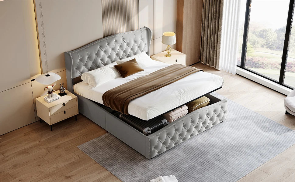 Rosahqnda Gepolstertes Doppelbett 140-160*200cm mit hydraulischem Stauraumbett Gästebett Jugendzimmer Apartmentbett Flanell