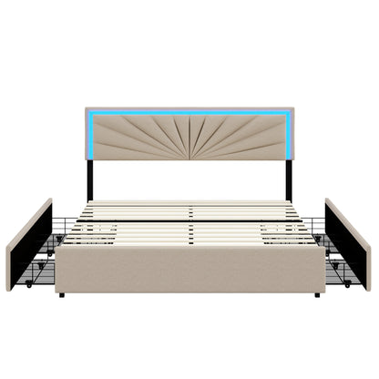 WoodenAura Polsterbett 140x200 cm mit LED-Beleuchtung,Doppelbett mit 4 Schubladen, Höhenverstellbarem Kopfteil und Holzgestell