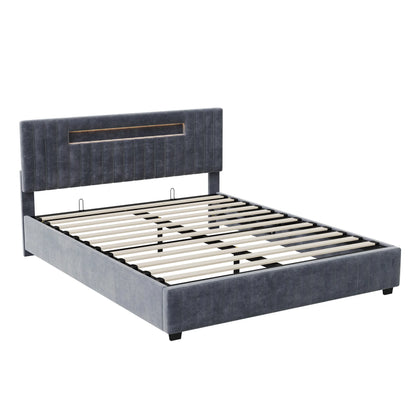 Rosahqnda hydraulisches Doppelbettgestell 140–160 x 200 cm mit LED, USB und großem Stauraum, gepolstertes Gästebett, Teenager-Wohnbett, Samt