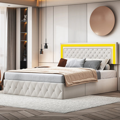 Rosahqnda Doppelbettgestell 140–160–180 x 200 cm, verstellbares LED-Kopfteil, hydraulisches Bett mit Stauraum, gepolstertes Jugendbett, Samt