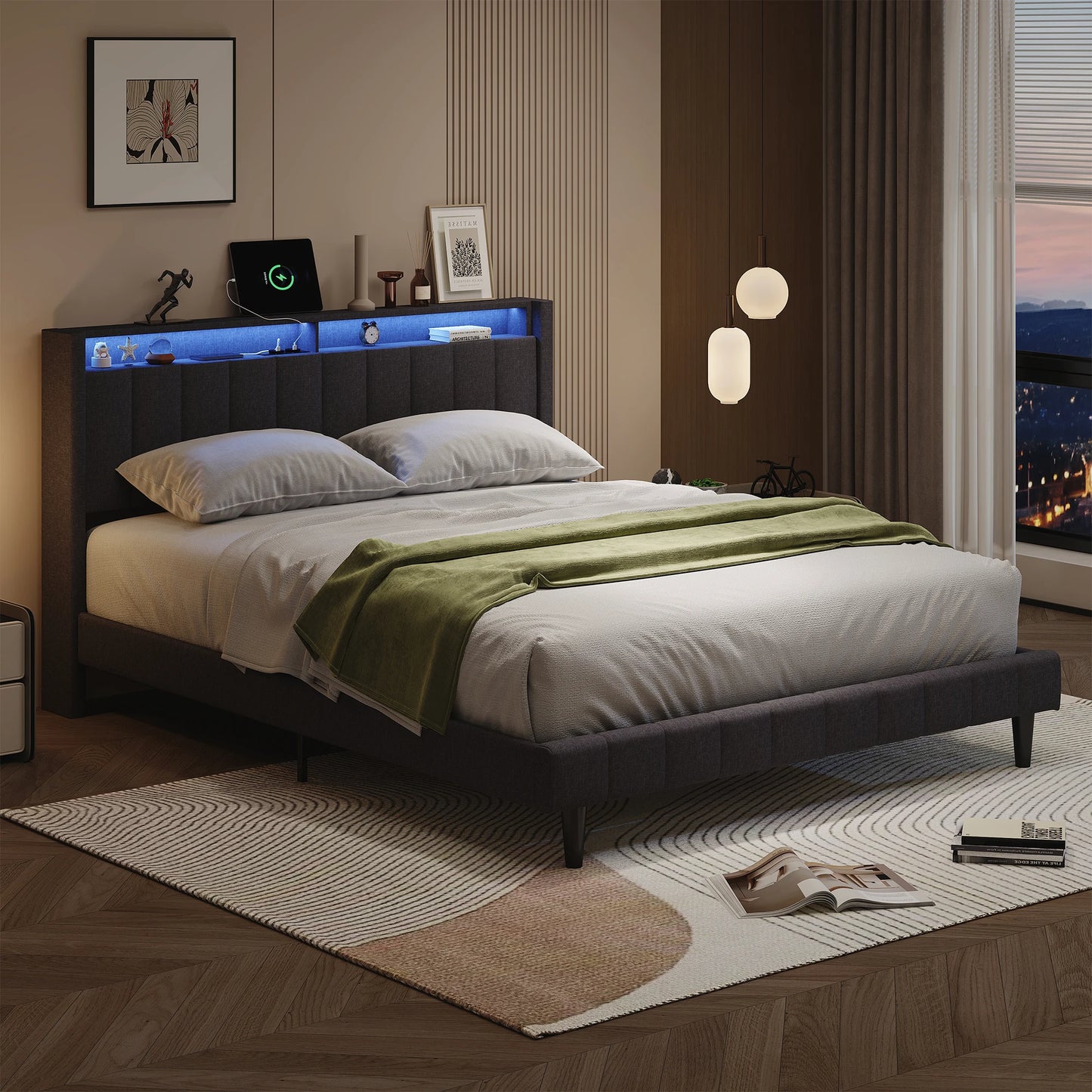 WoodenAura Polsterbett 140×200 cm, Doppelbett mit Stauraum-Kopfteil und Lattenrost, Jugendbett mit LED-Licht und USB-Anschluss