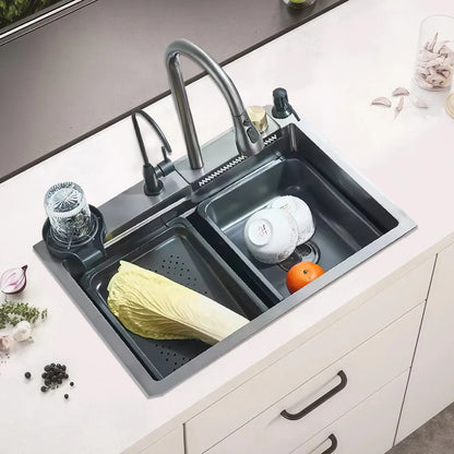 Wasserfall-Küchenspüle aus Edelstahl 304, großes Einzelschlitz-Wasserhahn-Set mit integrierter Digitalanzeige, Seifenspender, Tassenwascher