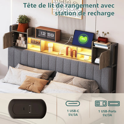 Rosahqnda gepolstertes Doppelbett mit LED-Kopfteil und USB-Anschluss, Stauraumbett mit 4 Schubladen, Leinen, ohne Matratze