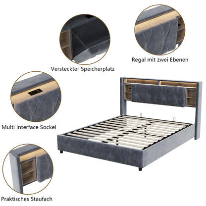Rosahqnda Doppelbett， mit USB und LED, Polsterbett mit Stauraum und Kopfteil, Bettrahmen mit Holzlattenrost, Samt，grau