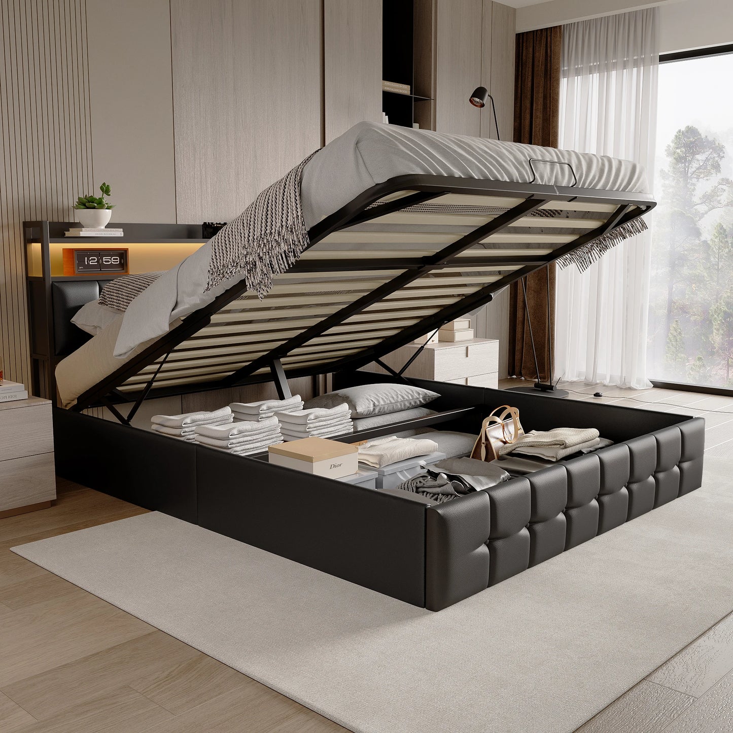 Rosahqnda Polsterbett 140x200 cm mit Lichtleiste, Stauraumbett mit Kopfteil, Doppelbett mit Lattenrost für 2 Personen,PU,Schwarz