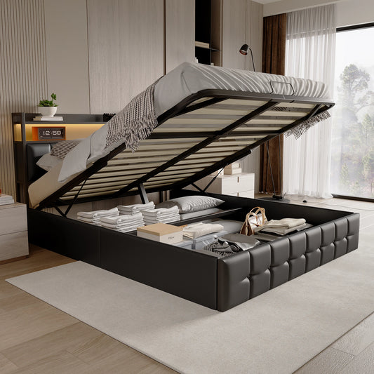 Rosahqnda Polsterbett 140x200 cm mit Lichtleiste, Stauraumbett mit Kopfteil, Doppelbett mit Lattenrost für 2 Personen,PU,Schwarz