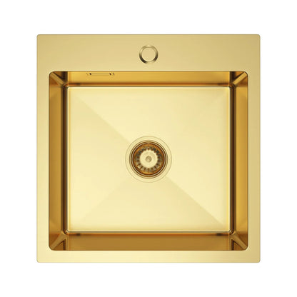 Gold PVD Stainless Steel Kitchen Sink 46x45cm Single Bowl with Faucet Hole, Overflow, Drain Kit, Top mount Design