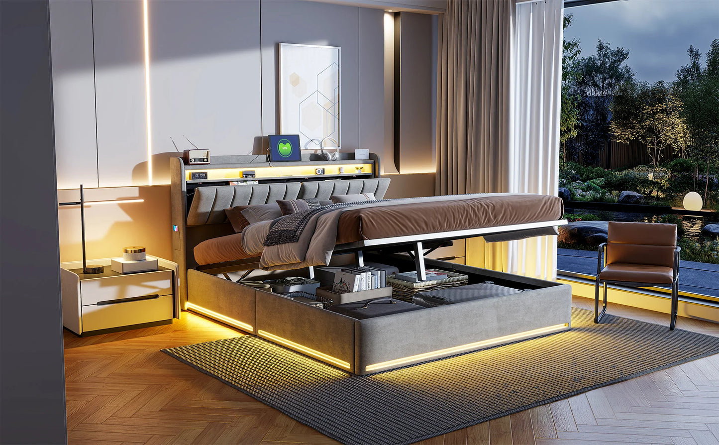 Rosahqnda Doppelbett,Kopfteil mit LED-Beleuchtung,USB-Anschlüssen und Ablagefach,Stauraumbett,Gästebett,Jugendbett,Samtstoff