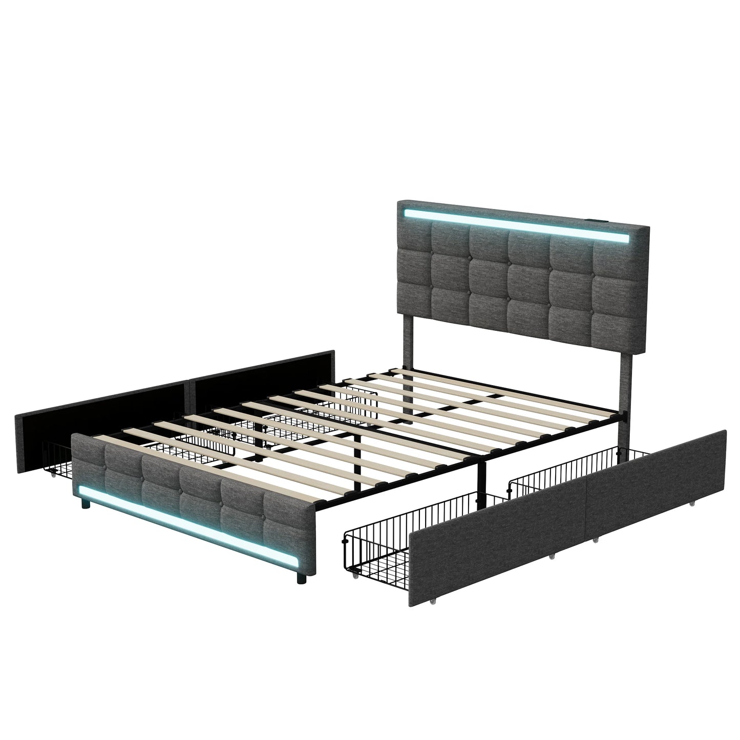 Rosahqnda Gepolstertes Doppelbett 140-160 x 200 cm mit 4 Schubladen und LED, Stauraumbett, Gästebett, Apartmentbett, Leinen