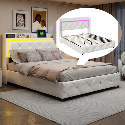 WoodenAura 140x200cm PU-Polsterbett, weißes Einzel und Doppelbett mit Lattenrost, Holz Kopfteil mit dekorativen Knöpfen, RGB-LED