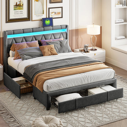 Comanlai Upholstered Bed,160 x 200 cm,with LED Headboard and USB,with 4 Storage Drawers, without Mattress, Linen Grey