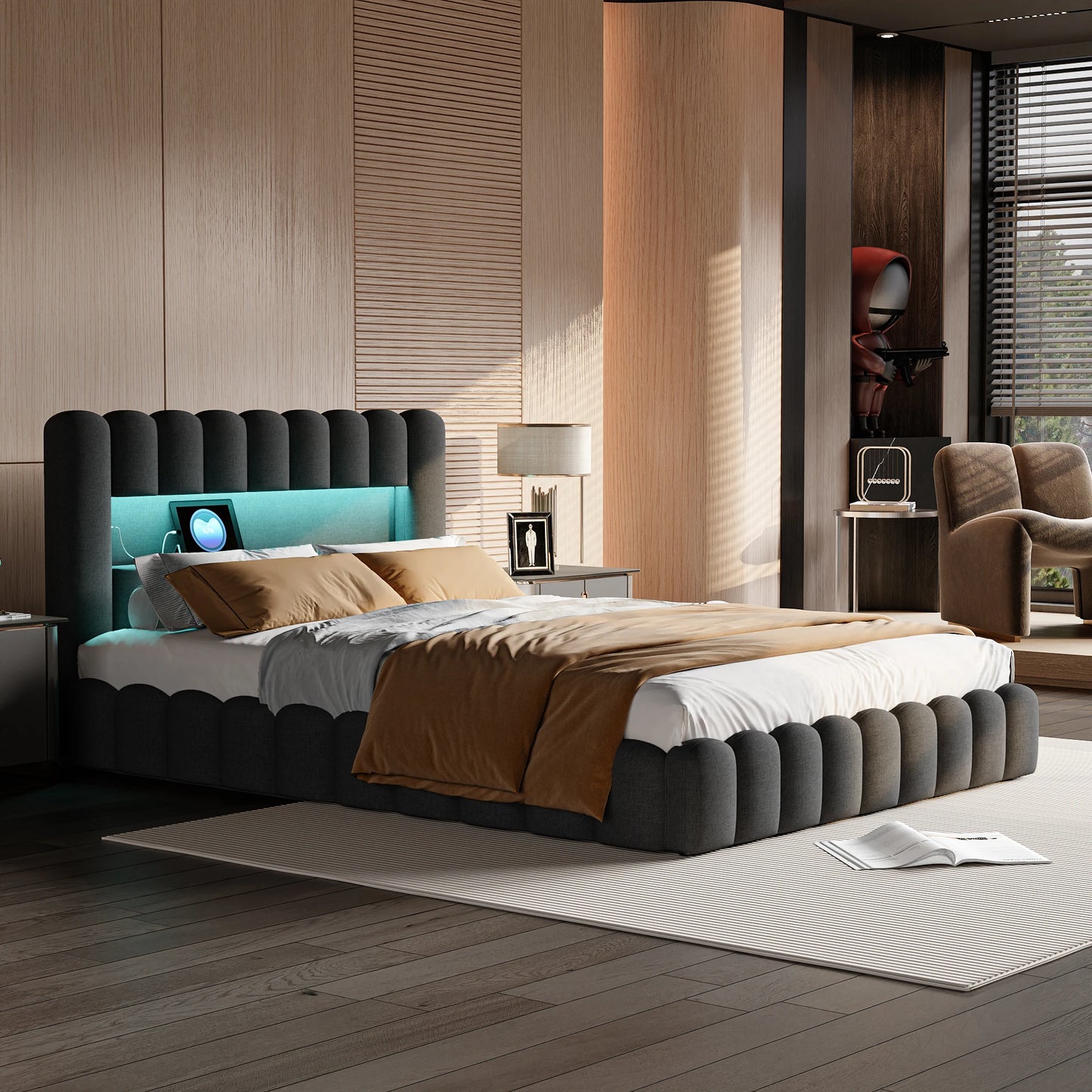 Polsterbett,Eingebettete Matratze,Doppelbett mit weicher Rückenlehne,Kopfteil mit LED und USB-Anschluss,ohne Matratze