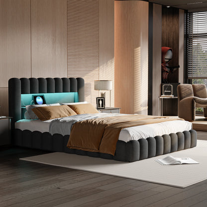 Polsterbett,Eingebettete Matratze,Doppelbett mit weicher Rückenlehne,Kopfteil mit LED und USB-Anschluss,ohne Matratze