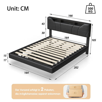 Doppelbett160x200cm,Polsterbett mit USB und LED,schwimmendes Bett mit Hydraulik&verstellbarem Kopfteil,PU,Schwarz,Ohne Matratze