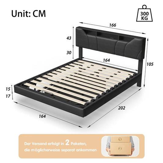 Doppelbett160x200cm,Polsterbett mit USB und LED,schwimmendes Bett mit Hydraulik&verstellbarem Kopfteil,PU,Schwarz,Ohne Matratze