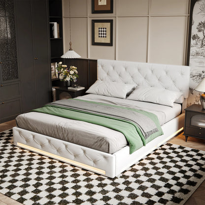 Rosahqnda Double Upholstered Bed 160x200,LED Hydraulic Storage Bed with Large Storage Space,Adjustable Headboard,Bedroom,Beige