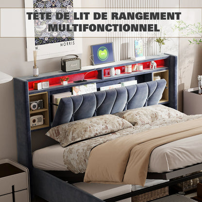 UrbanLuxe Bettgestell 140x200 cm mit LED-Lichtleiste und Dual-USB-Ladeanschluss, Bett mit Stauraum, Lattenrost, Samt, grau