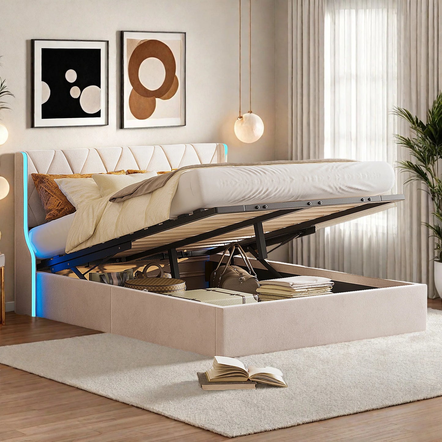 Rosahqnda Polsterbett, hydraulisches Doppelbett mit Lattenrost und LED-Kopfteil, Stauraumbett, Funktionsbettgestell in Flanell