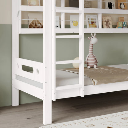 Etagenbett, Kinderbett mit Fallschutzgitter, Offenes Regal, Fünfstufige Leiter, Reichlich Stauraum, Kiefer+MDF, Weiß, 90x200cm