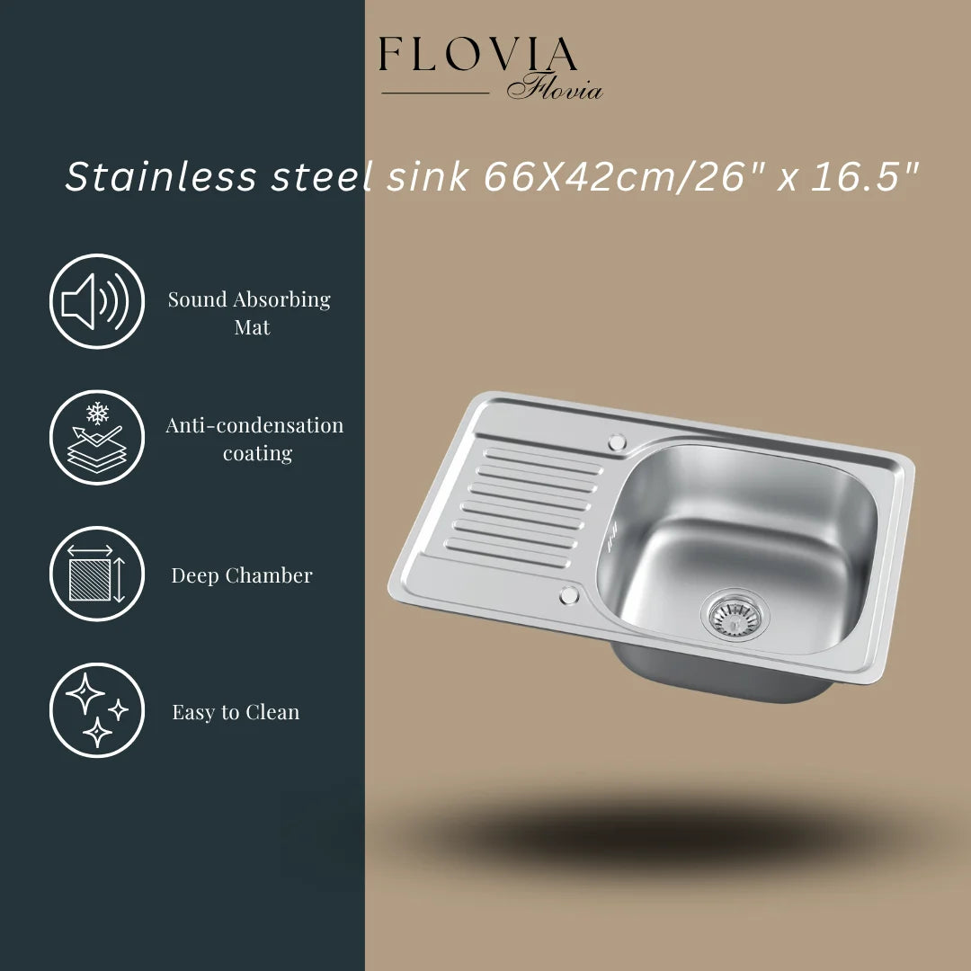 66 x 42 cm großes Edelstahl-Küchenspüle mit Abtropffläche, silbrige Einzelschüssel-Spüle aus Inox, linke/rechte Installation