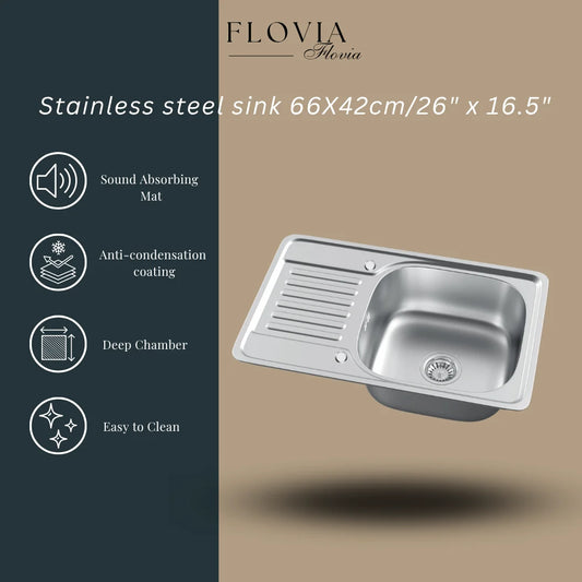 66 x 42 cm großes Edelstahl-Küchenspüle mit Abtropffläche, silbrige Einzelschüssel-Spüle aus Inox, linke/rechte Installation
