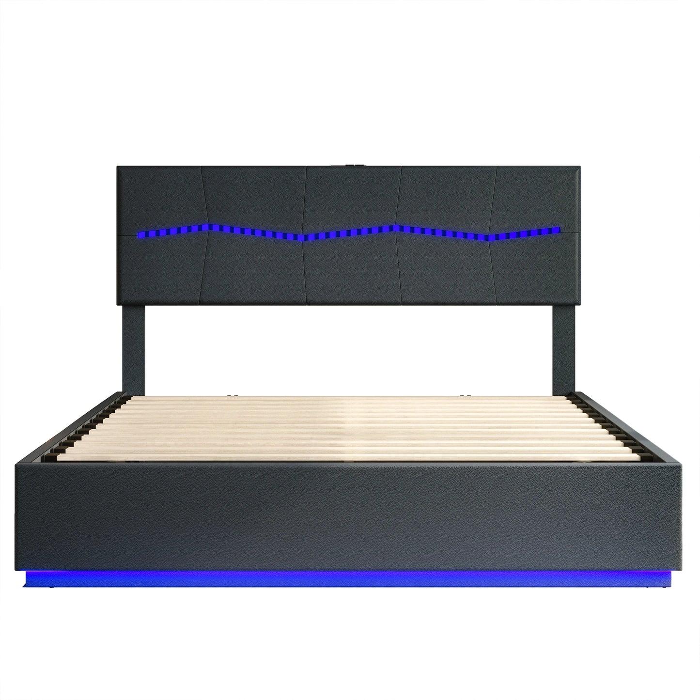 Rosahqnda Doppelbettgestell 140-160-180*200cm Polsterbett mit LED & USB & viel Stauraum, Jugendgästebett, PU, Beige/Schwarz