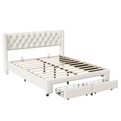 Rosahqnda Modernes Doppelbettgestell 140*190cm Stauraumbett 160-180*200cm mit LED&USB& Schubladen Jugendbett Gästebett Samtbeige