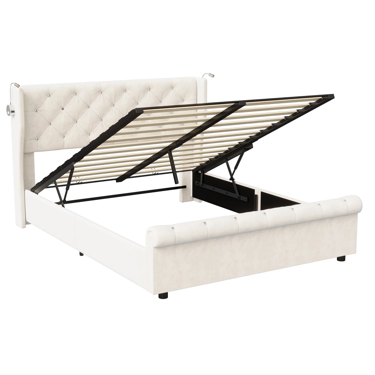 Doppelbett 140 x 190 cm mit LED-Beleuchtung und USB-Ladeanschluss, gepolsterte Doppelbettbetten mit Stauraum und Lattenrost, Samt, Beige