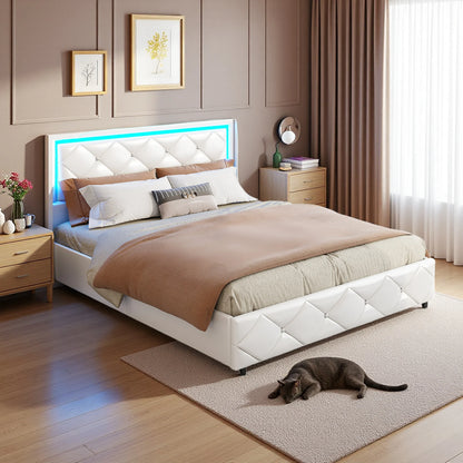 WoodenAura 140x200cm PU-Polsterbett, weißes Einzel und Doppelbett mit Lattenrost, Holz Kopfteil mit dekorativen Knöpfen, RGB-LED