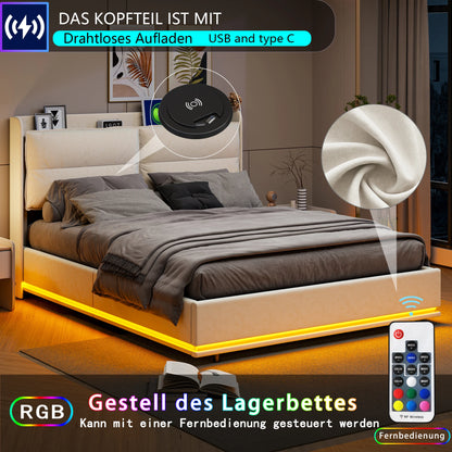 WoodenAura 140×200 cm Polsterbett, hydraulisches Doppelbett mit LED-Leuchten und Lattenrost, mit Rückenlehnenkopfteil