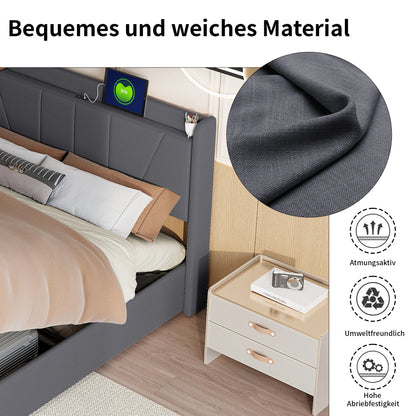 UrbanLuxe 160 x 200 cm Bett mit Stauraum, 2 USB-Anschlüsse + 1 Typ-C-Anschluss, Lattenrost, Leinen, grau, ohne Matratze