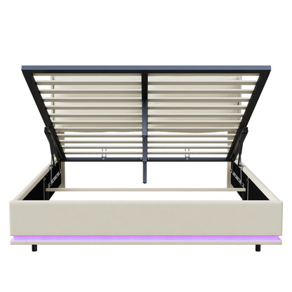 WoodenAura 140×200 cm Polsterbett, hydraulisches Doppelbett mit LED-Leuchten und Lattenrost, mit Rückenlehnenkopfteil