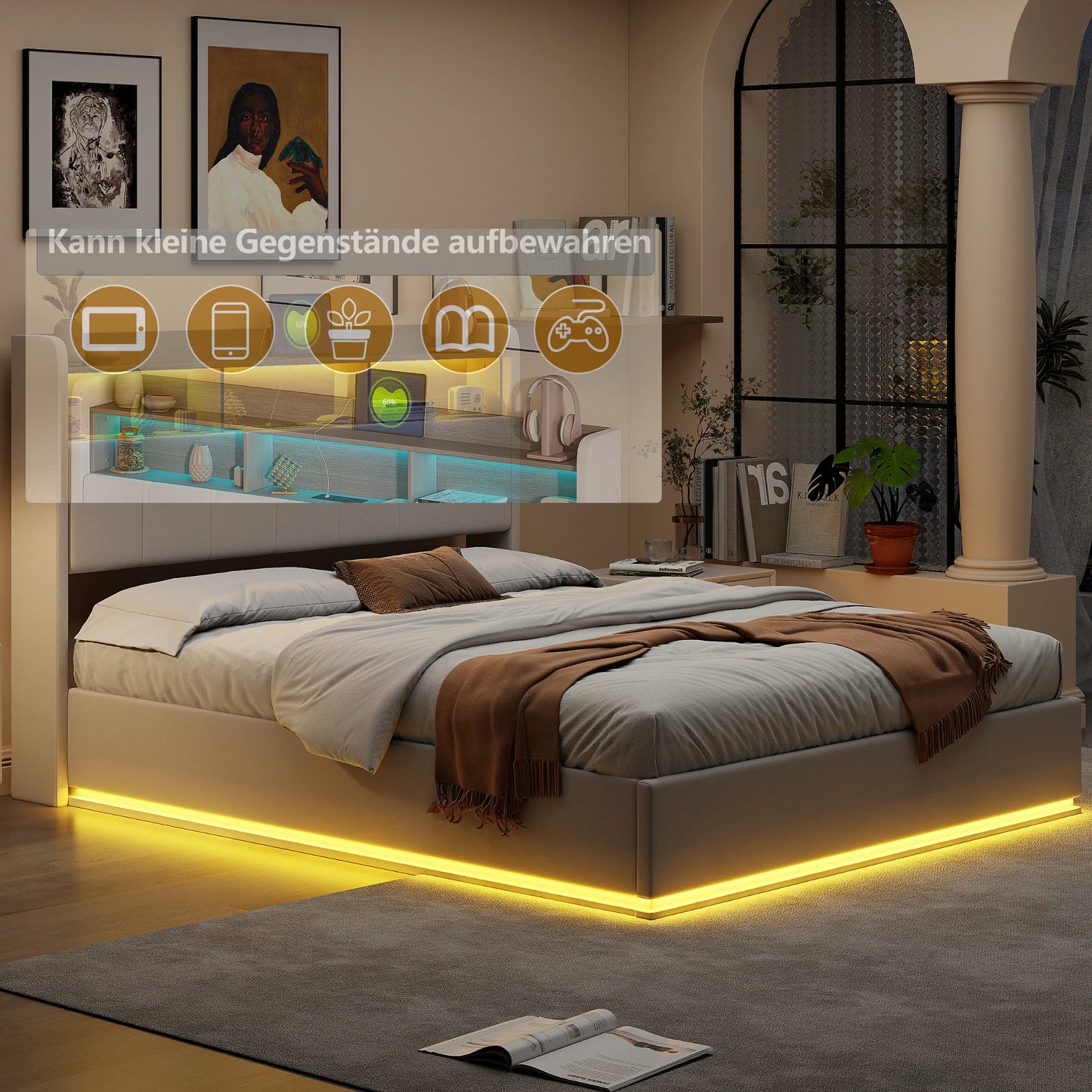 WoodenAura 160x200 CM Polsterbett mit LED-Lichtleiste, Kopfteil mit Stauraum, Doppelbett, flacher Bettrahmen, Metallbettrahmen