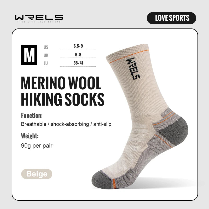 WRELS Merino Wool Socks Hiking Running Socks Soft Lightweight Shock Absorption Damping Mid-Calf Breathable Ankle Cycling Socks.
