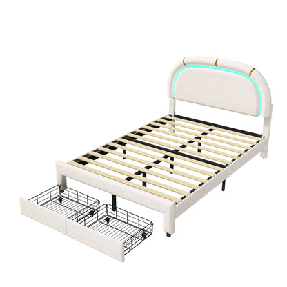WoodenAura Doppelbett 140 × 200 cm gepolstertes mit 2 Schubladen und LED-Lichtst reifen, mit Rückenlehne Kopfteil und Lattenrost