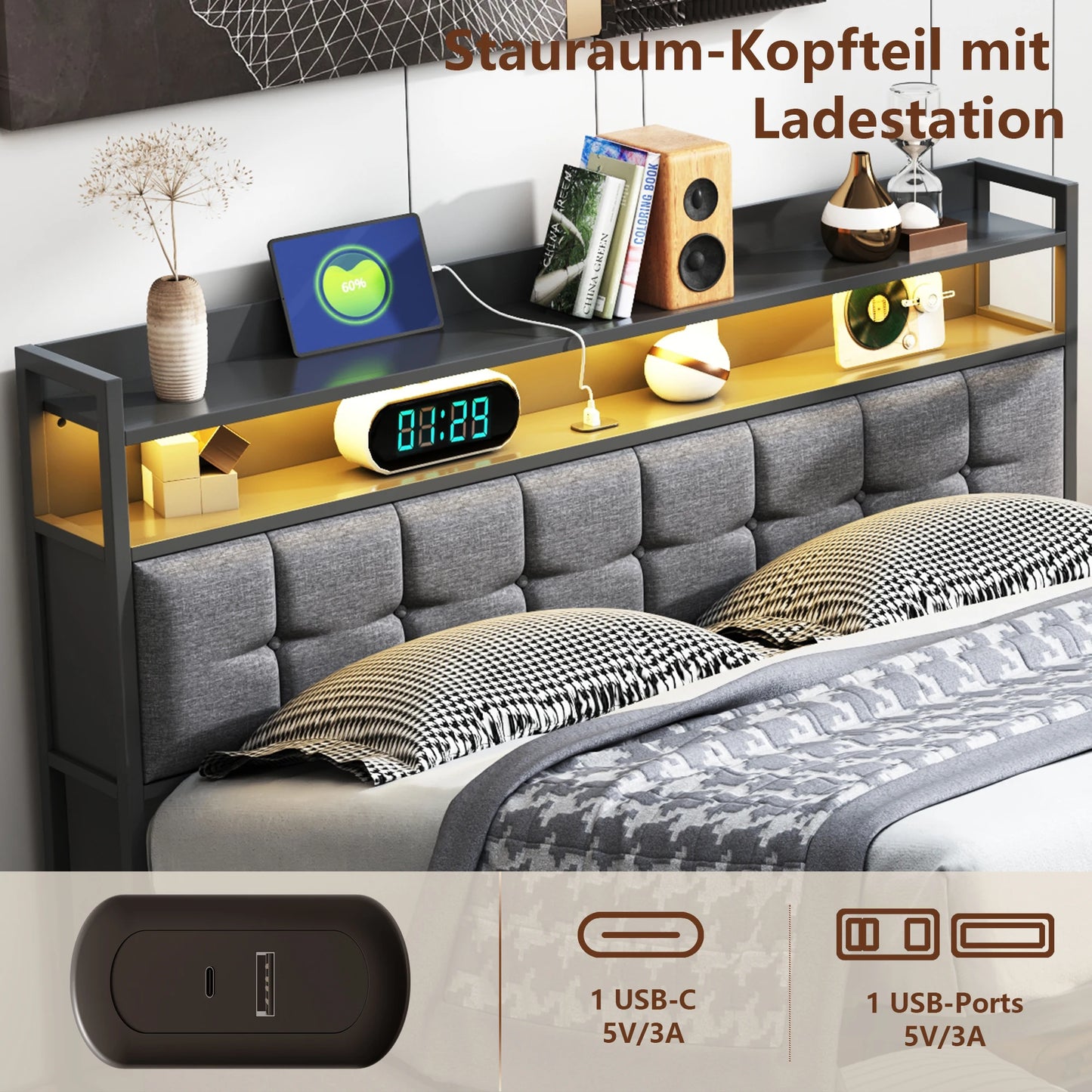 Rosahqnda Polsterbett, gepolsterter hydraulischer Bettrahmen mit grauem Leinen-Kopfteil, Leinenstoff,ohne Matratze